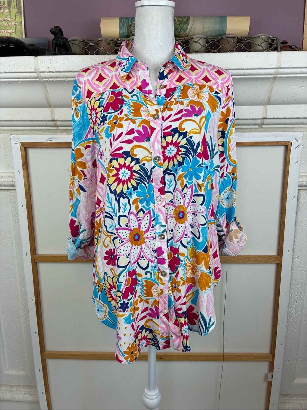 Figueroa & Flower Boho Mixed Print Button down w/ 3/4 convertible sleeves